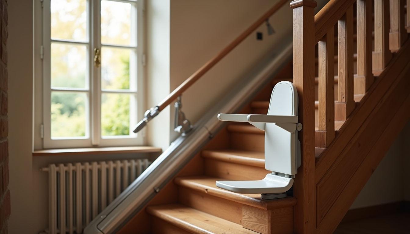 Monte-escalier installé dans une maison traditionnelle de Thiverny avec escalier en bois ancien