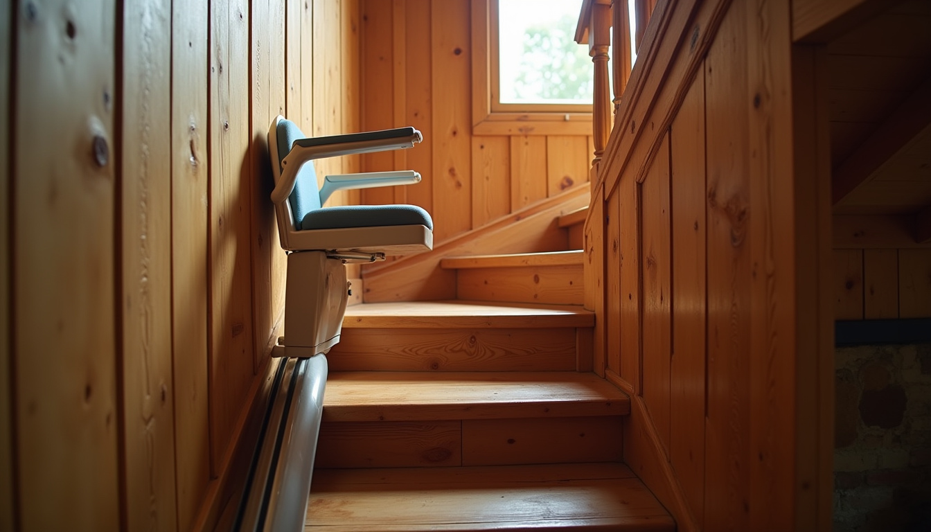 Monte-escalier installé dans une maison traditionnelle du Finistère, escalier en bois avec chaise ergonomique
