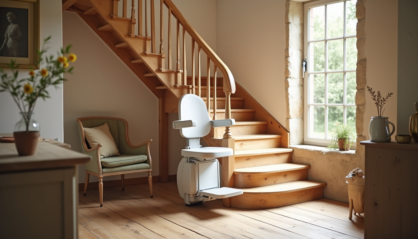 Monte-escalier installé dans une maison traditionnelle du Tarn, au design discret et intégré à l