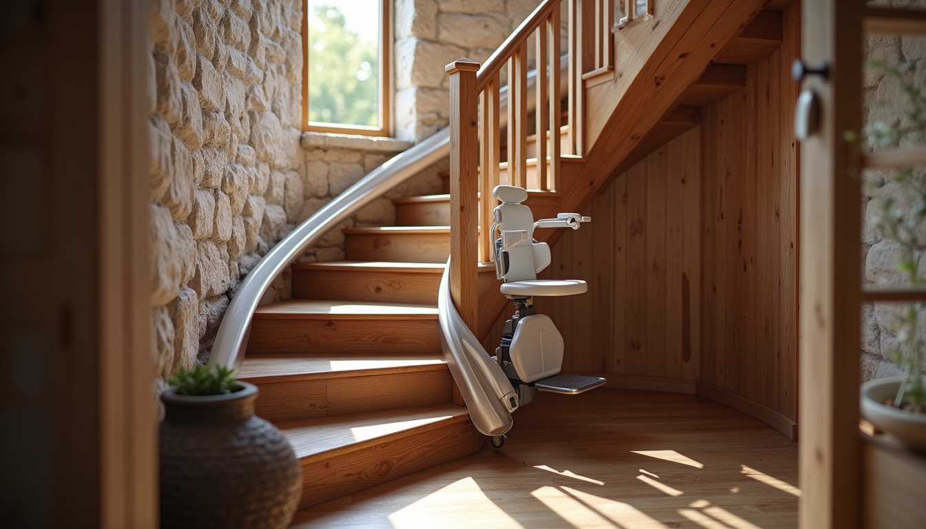 Monte-escalier installé dans une maison traditionnelle du Tarn avec escalier en bois ancien