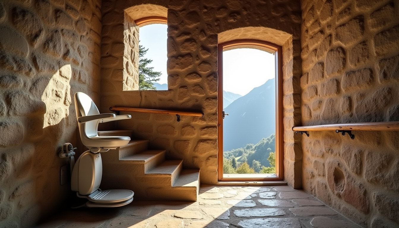 Monte-escalier installé dans une maison traditionnelle en pierre à Sardieu, avec vue sur les montagnes