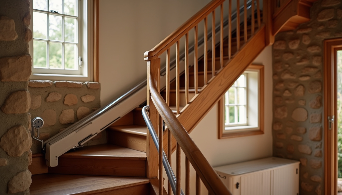 Monte-escalier installé dans une maison traditionnelle normande avec escalier en bois