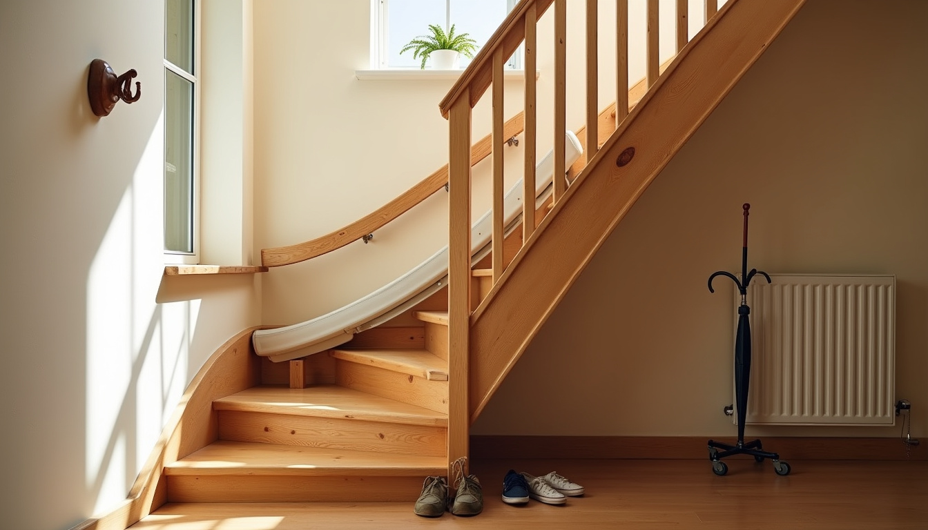 Monte-escalier installé dans une maison typique de Les Moutiers-en-Retz avec escalier en bois