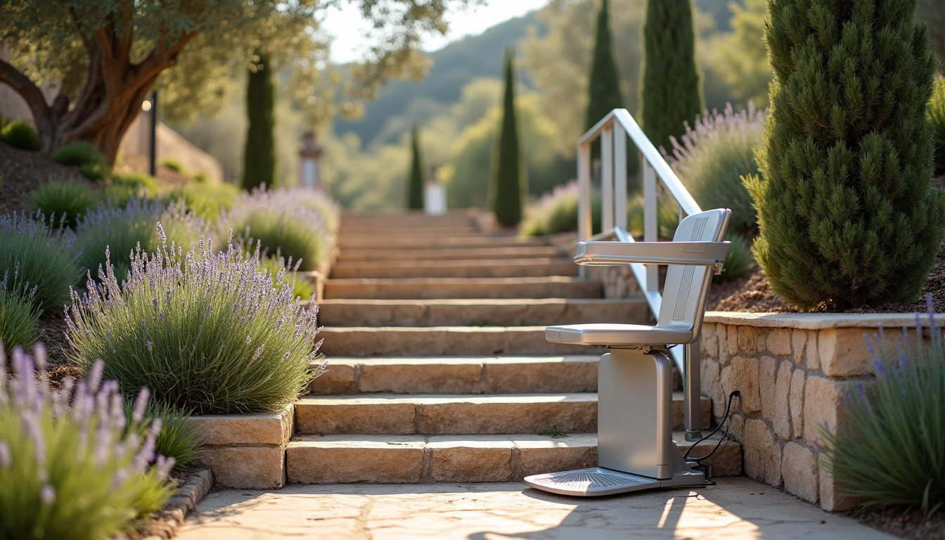 Monte-escalier installé en extérieur dans une maison à Saint-Romain-de-Jalionas, avec vue sur un jardin en pente