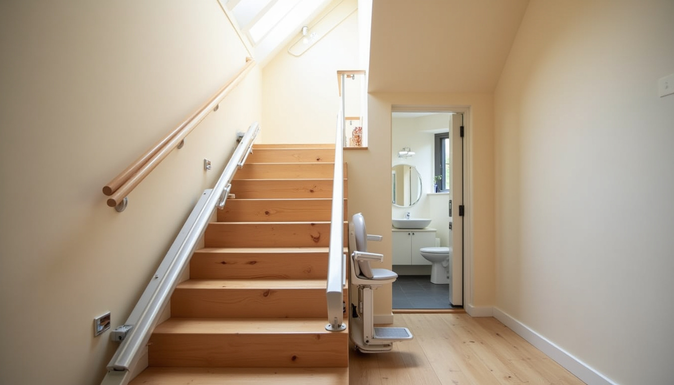Monte-escalier installé menant à une salle de bain dans une maison à Pomeys