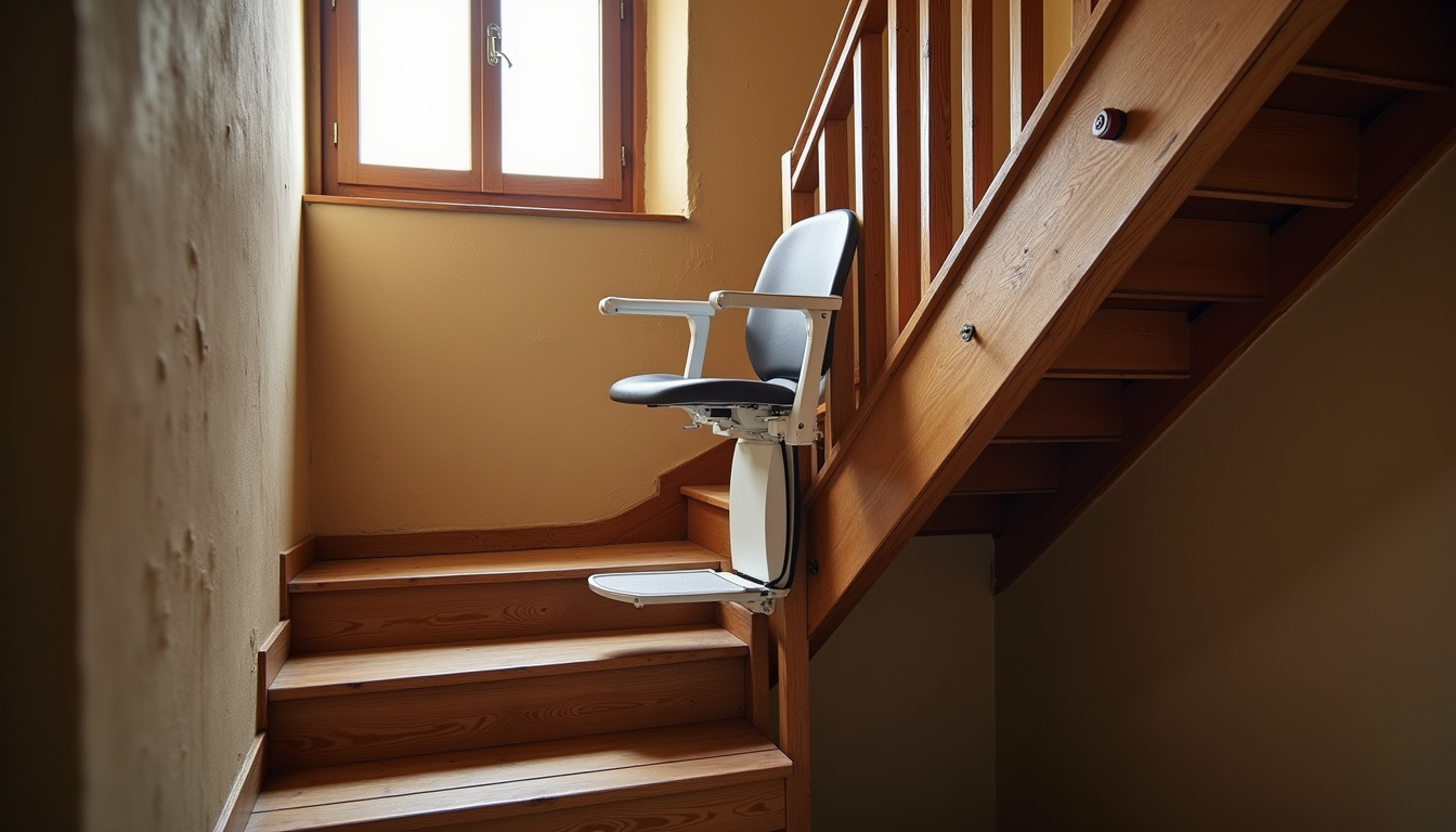 Monte-escalier installé sur un escalier ancien dans une maison de village à Gaillac-Toulza