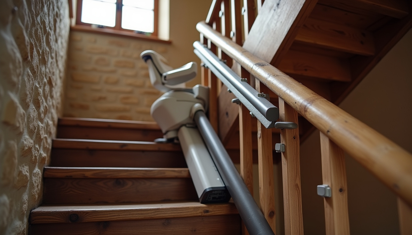 Monte-escalier installé sur un escalier ancien en bois dans une maison traditionnelle de Chilleurs-aux-Bois