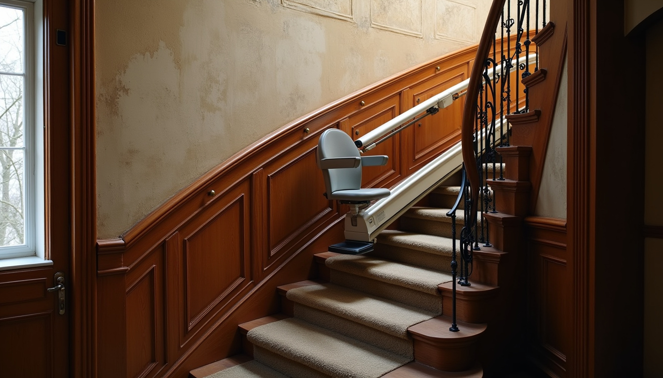Monte-escalier installé sur un escalier courbe dans une maison ancienne de Varzy