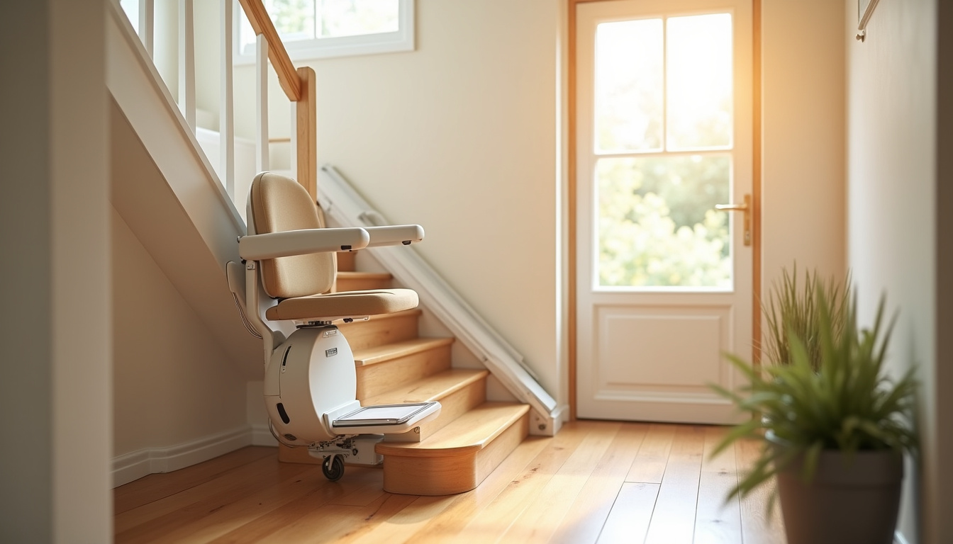 Monte-escalier installé sur un escalier droit à Jans, montrant l