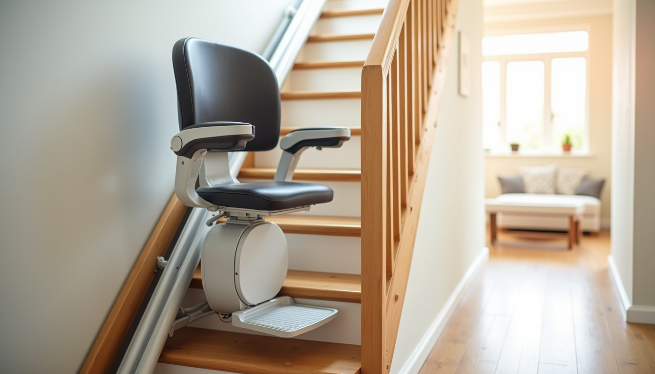 Monte-escalier installé sur un escalier droit dans une maison à La Vicomté-sur-Rance
