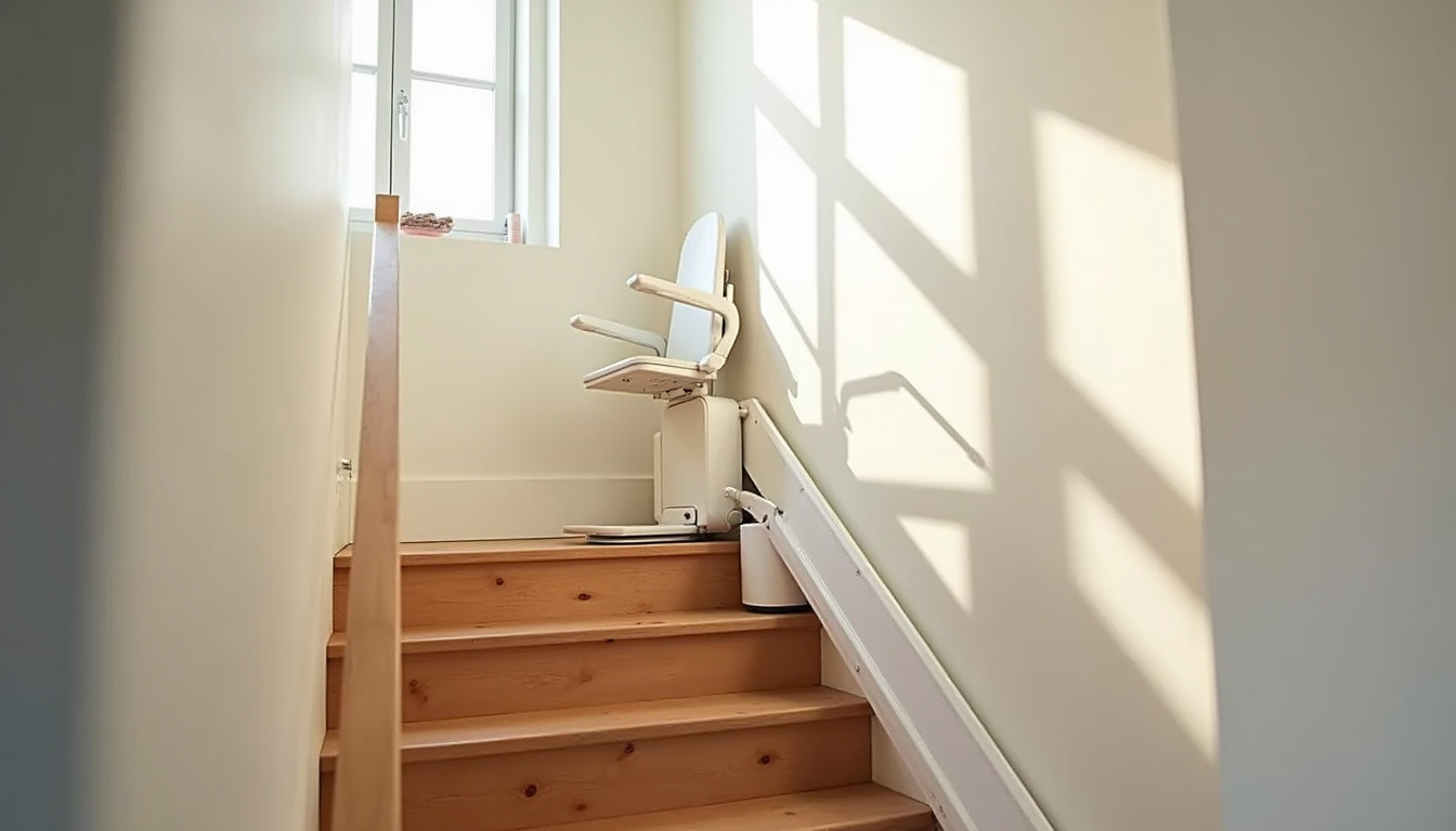 Monte-escalier installé sur un escalier droit dans une maison à Saint-Christophe-Vallon