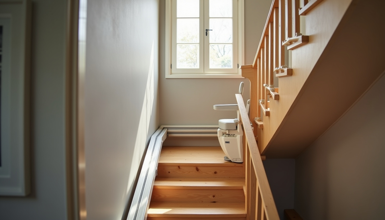 Monte-escalier installé sur un escalier droit dans une maison à Saint-Pierre-le-Moûtier