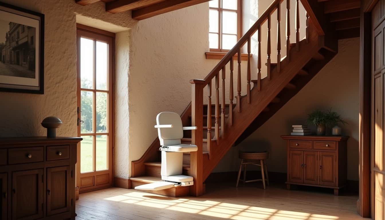 Monte-escalier installé sur un escalier droit dans une maison ancienne à Cherré-Au