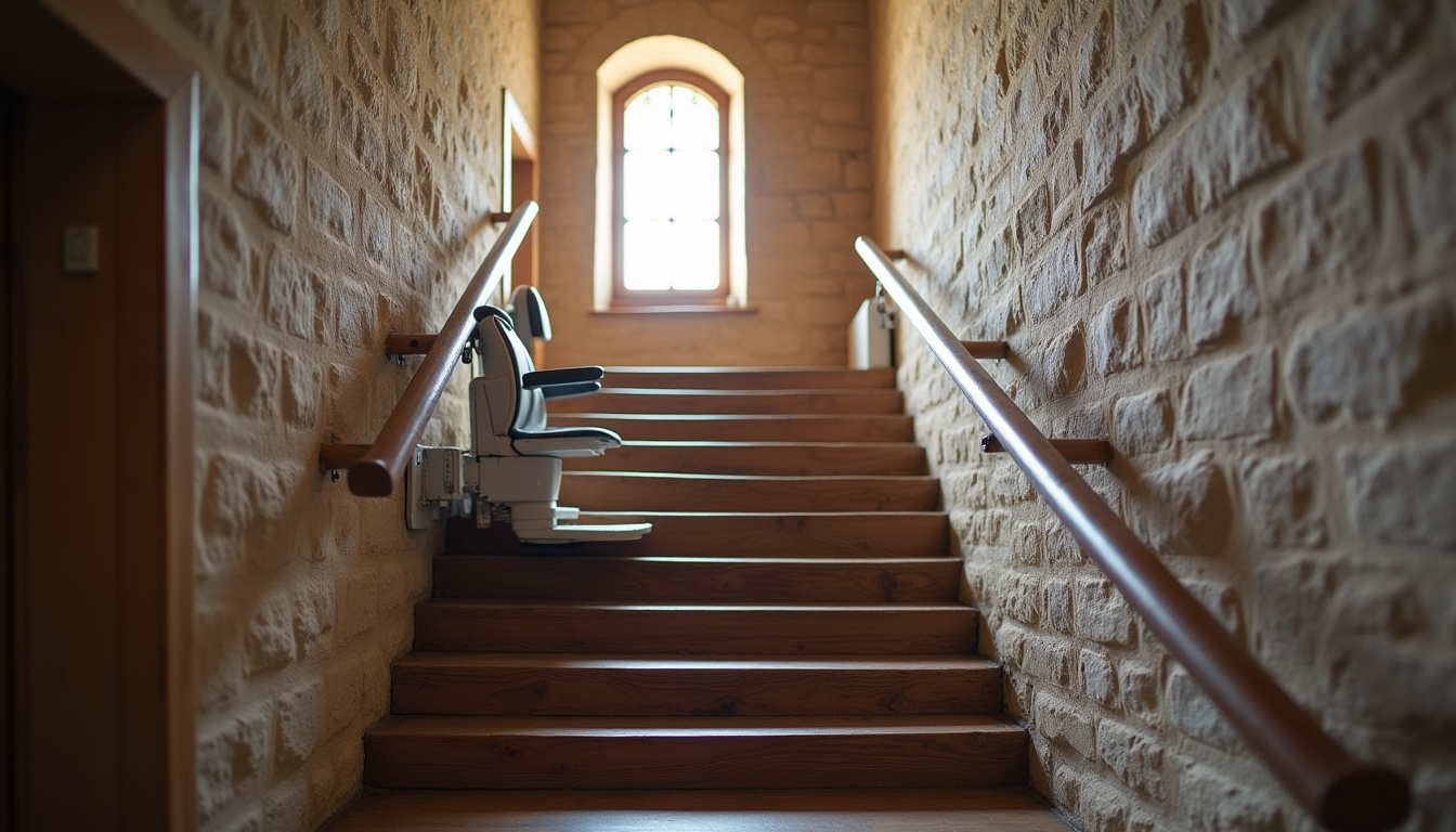 Monte-escalier installé sur un escalier droit dans une maison ancienne à Saint-Brice-sur-Vienne