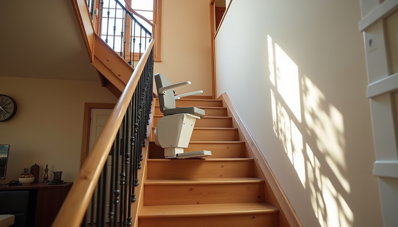 Monte-escalier installé sur un escalier droit dans une maison landaise