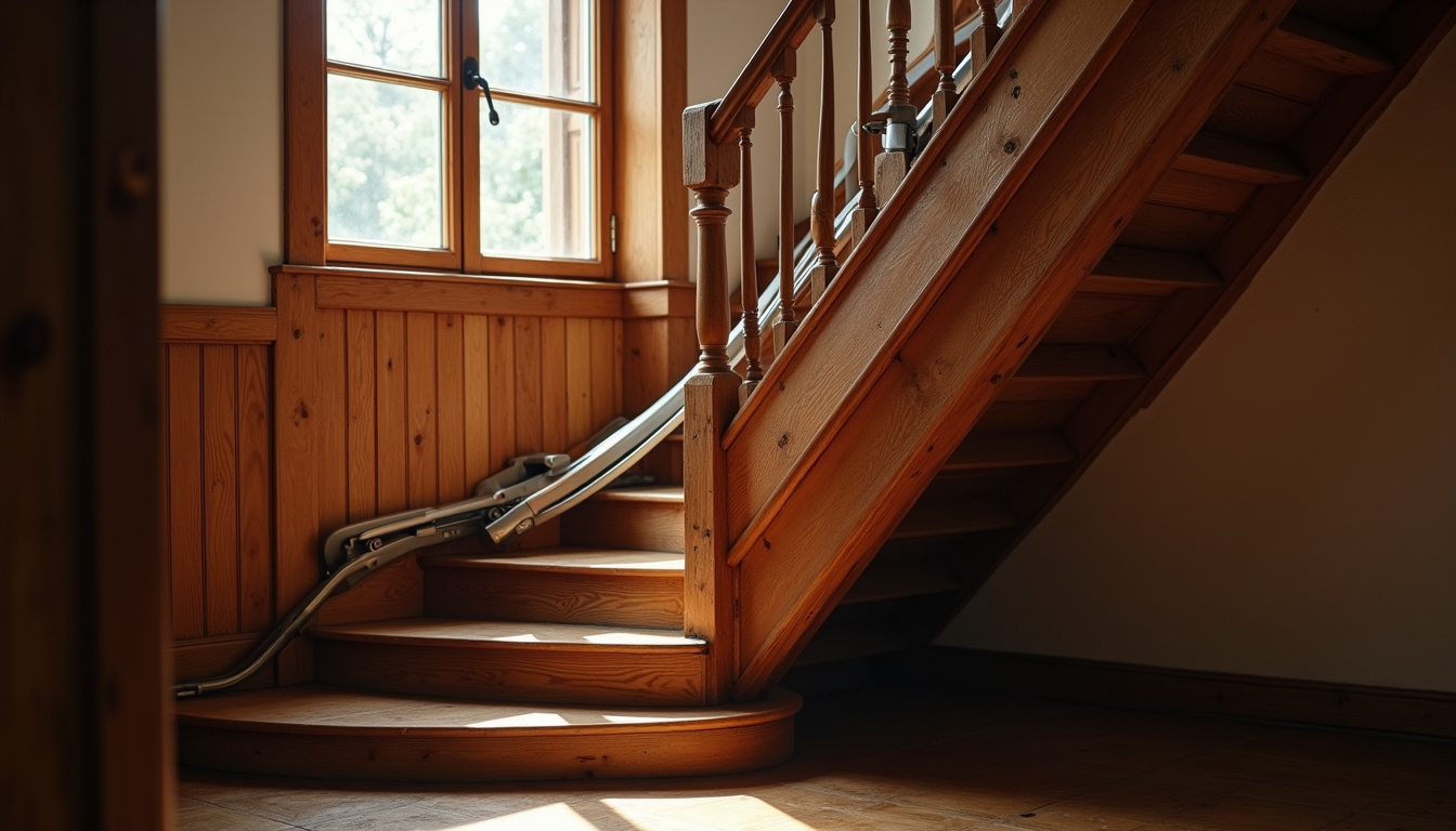 Monte-escalier installé sur un escalier en bois ancien typique des maisons de Gouézec