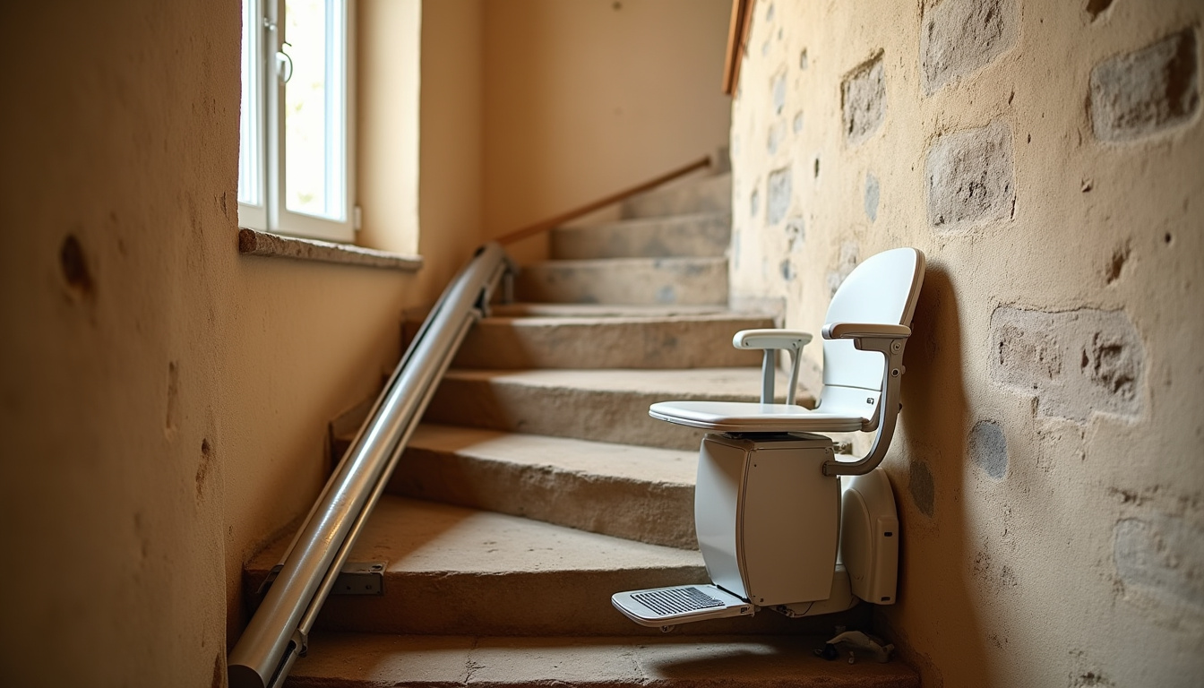 Monte-escalier installé sur un escalier en pente raide dans une maison typique de Brantôme en Périgord