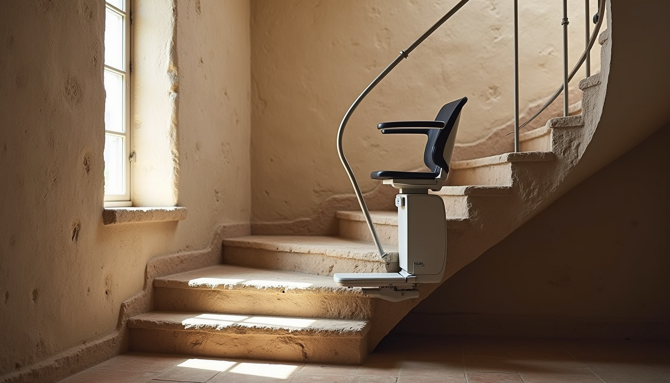 Monte-escalier installé sur un escalier en pierre typique d