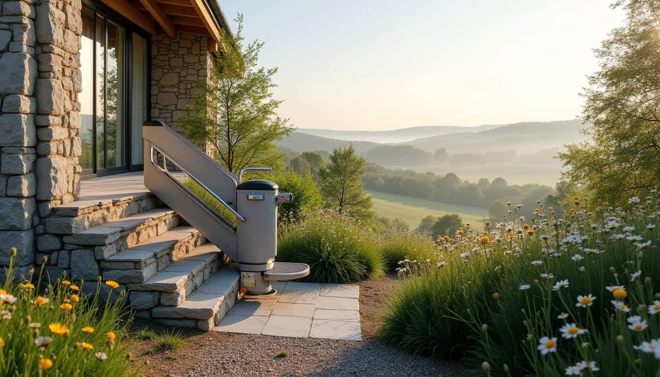 Monte-escalier installé sur un escalier extérieur à Landevieille, en milieu rural vendéen