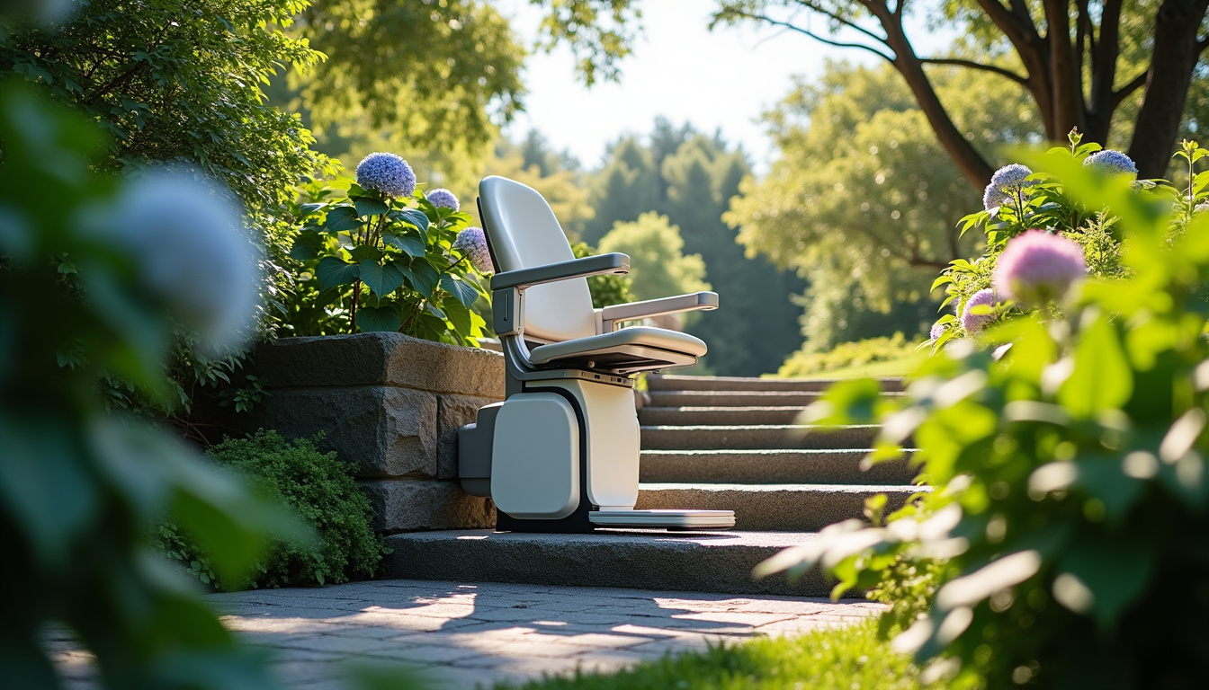 Monte-escalier installé sur un escalier extérieur en journée, vue depuis le jardin