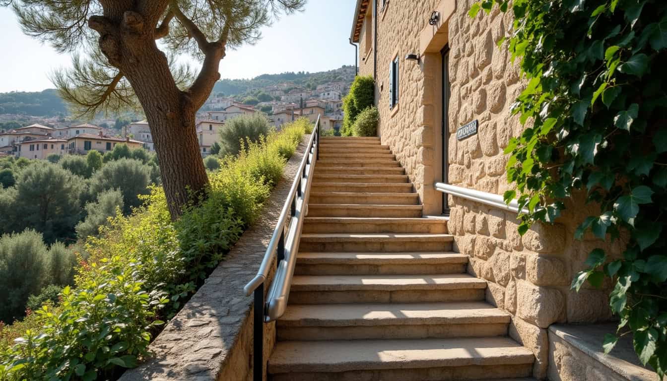 Monte-escalier installé sur un escalier extérieur en pierre à Gourdon, intégré discrètement à l