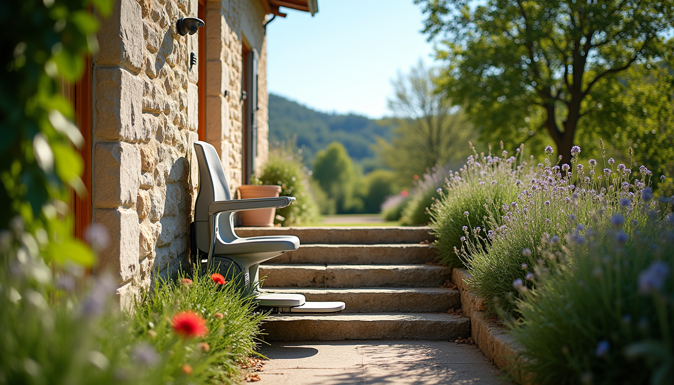 Monte-escalier installé sur un escalier extérieur en pierre à Sousceyrac-en-Quercy