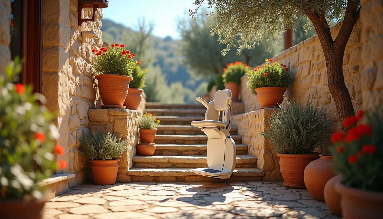 Monte-escalier installé sur un escalier extérieur en pierre dans un cadre méditerranéen
