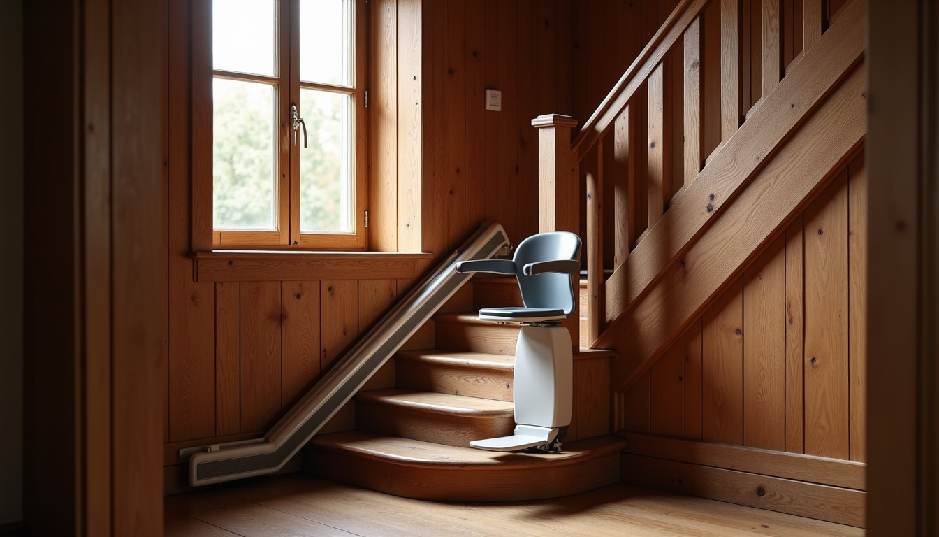 Monte-escalier installé sur un escalier intérieur en bois dans une maison traditionnelle du Gers
