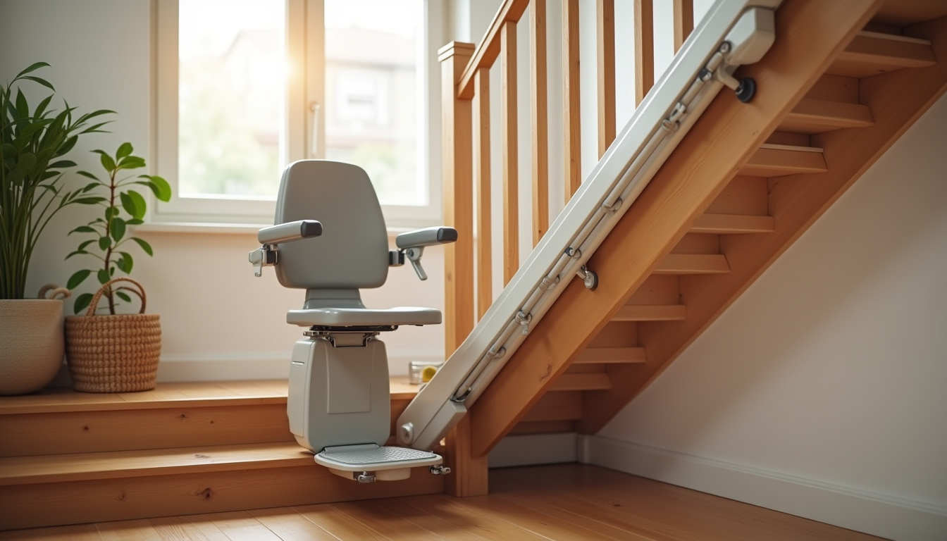 Monte-escalier installé sur un escalier intérieur en bois, rail fixé sur les marches