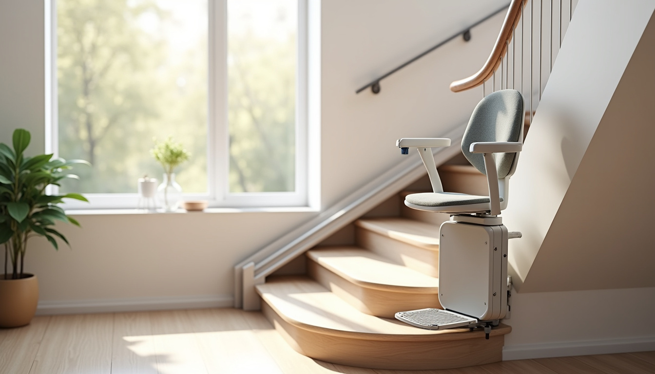 Monte-escalier installé sur un escalier tournant avec rail sur mesure