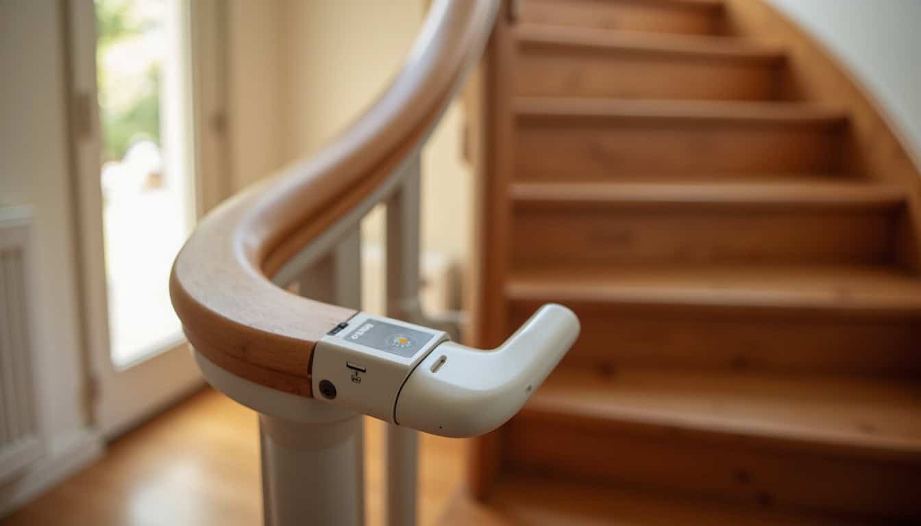 Monte-escalier installé sur un escalier tournant dans une habitation à Vendenheim, vue détaillée du rail courbe