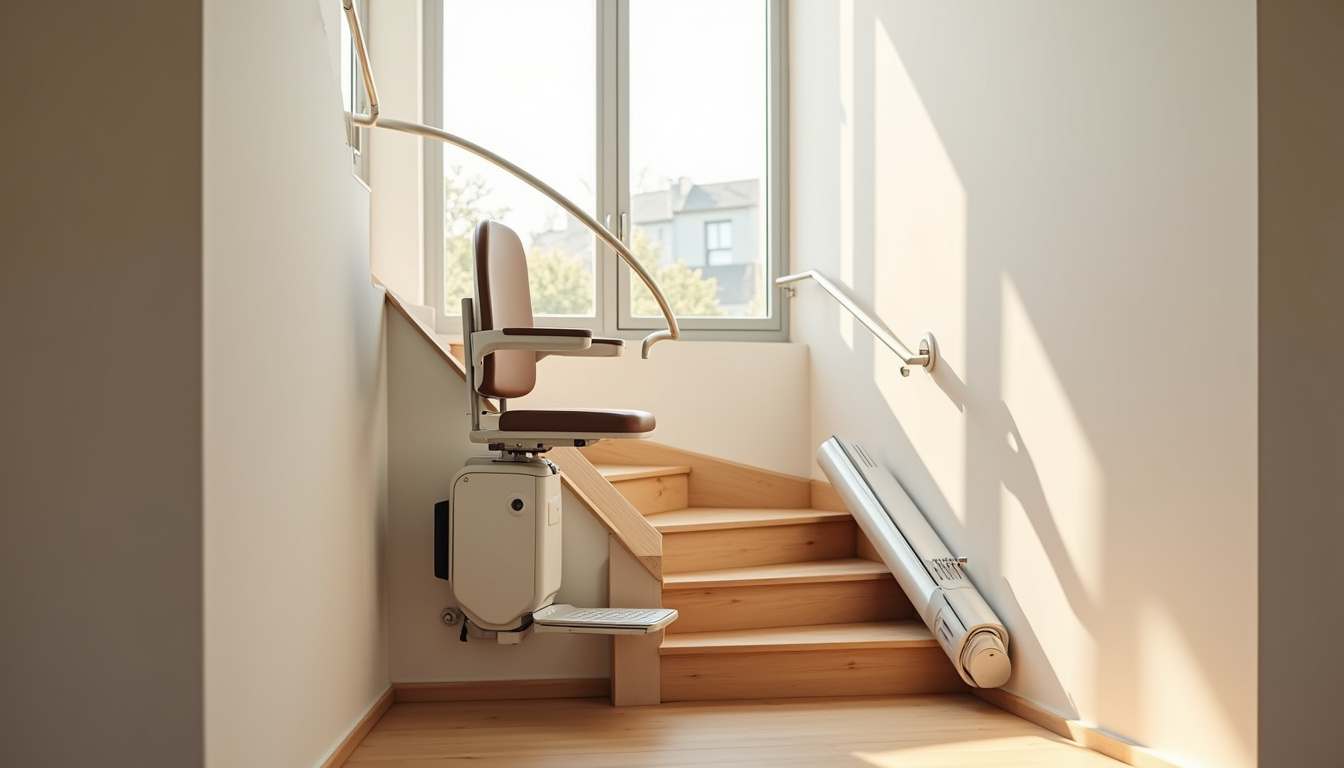 Monte-escalier installé sur un escalier tournant dans une habitation de Chazey-Bons