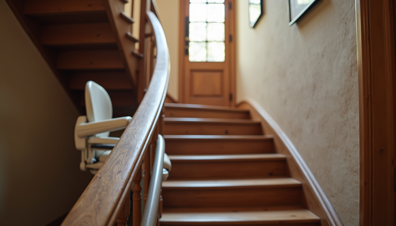 Monte-escalier installé sur un escalier tournant dans une maison ancienne à Donnemarie-Dontilly