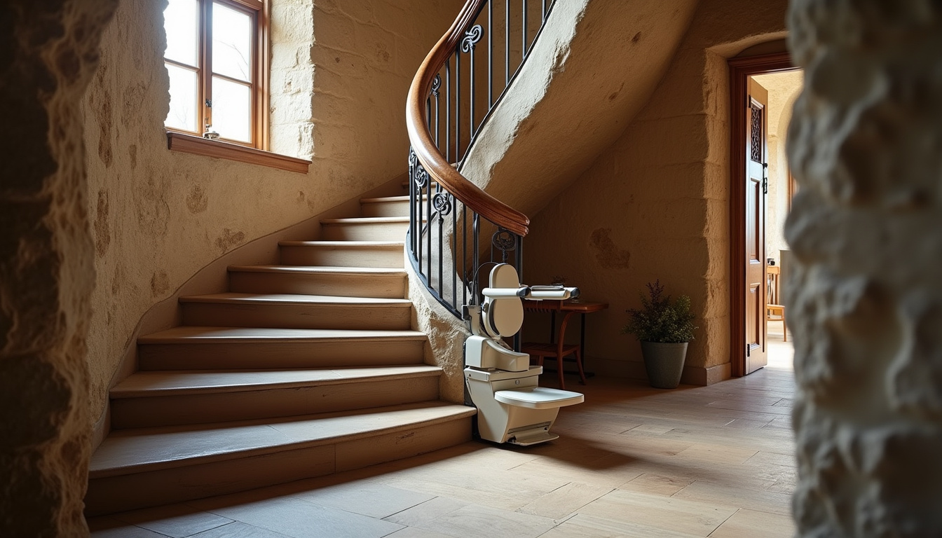 Monte-escalier installé sur un escalier tournant dans une maison ancienne à Nailly