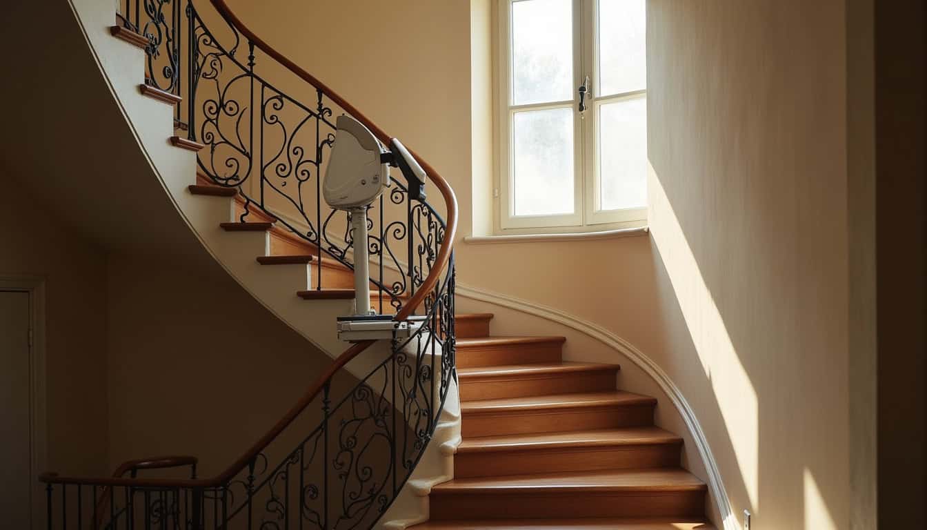 Monte-escalier installé sur un escalier tournant dans une maison ancienne à Revigny-sur-Ornain