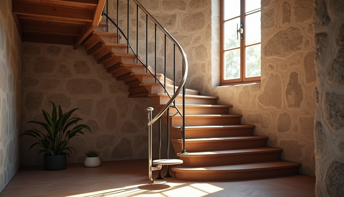 Monte-escalier installé sur un escalier tournant dans une maison ancienne