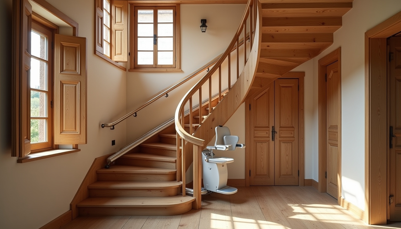 Monte-escalier installé sur un escalier tournant dans une maison des Landes