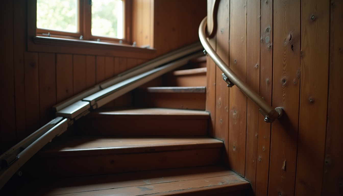 Monte-escalier installé sur un escalier tournant en bois dans une maison ancienne