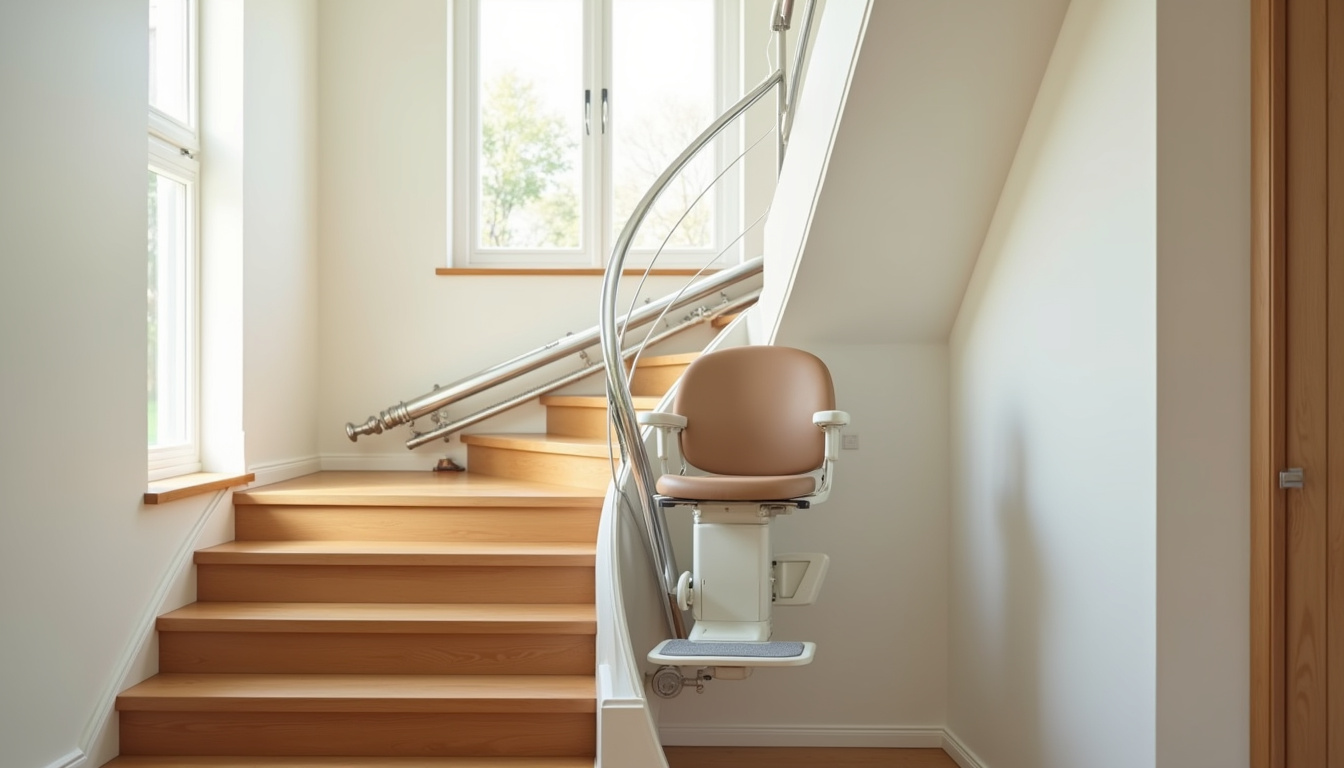 Monte-escalier installé sur un escalier tournant en intérieur, avec siège pivotant