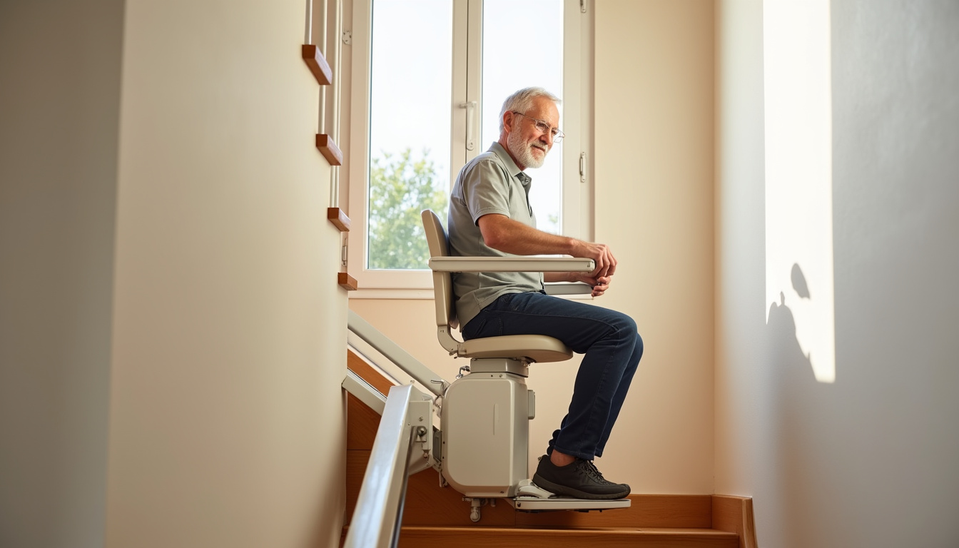 Monte-escalier intérieur en fonctionnement dans une maison de Souillac, avec un utilisateur en train de monter les marches en toute sécurité