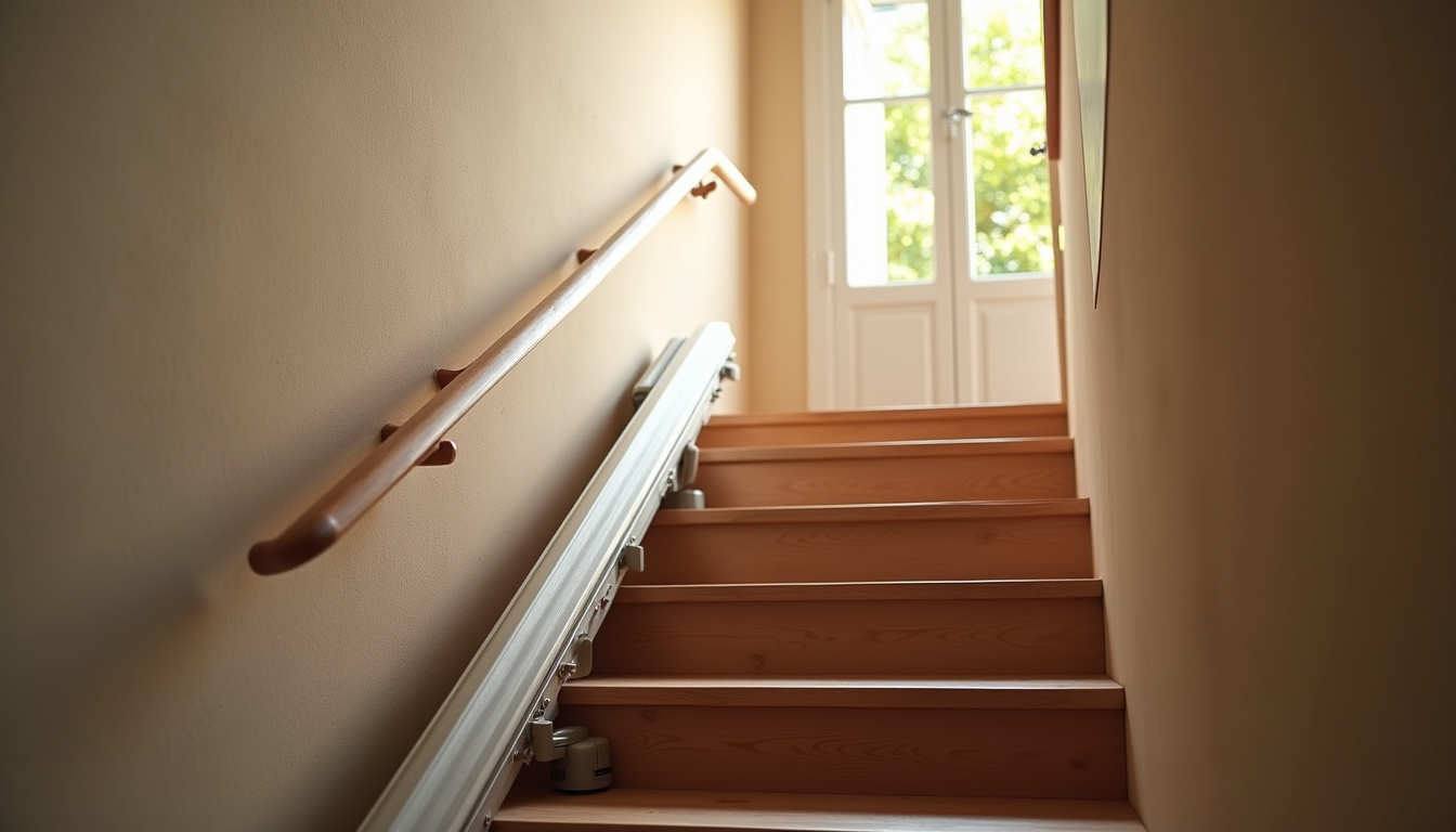 Monte-escalier intérieur installé dans une maison à Barbazan-Debat, modèle discret sur un escalier droit
