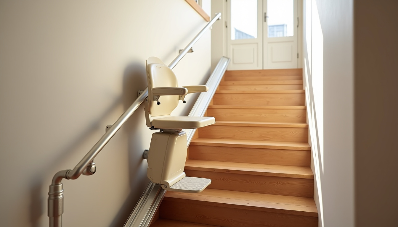 Monte-escalier intérieur installé dans une maison à Bessancourt, vue du rail et du siège