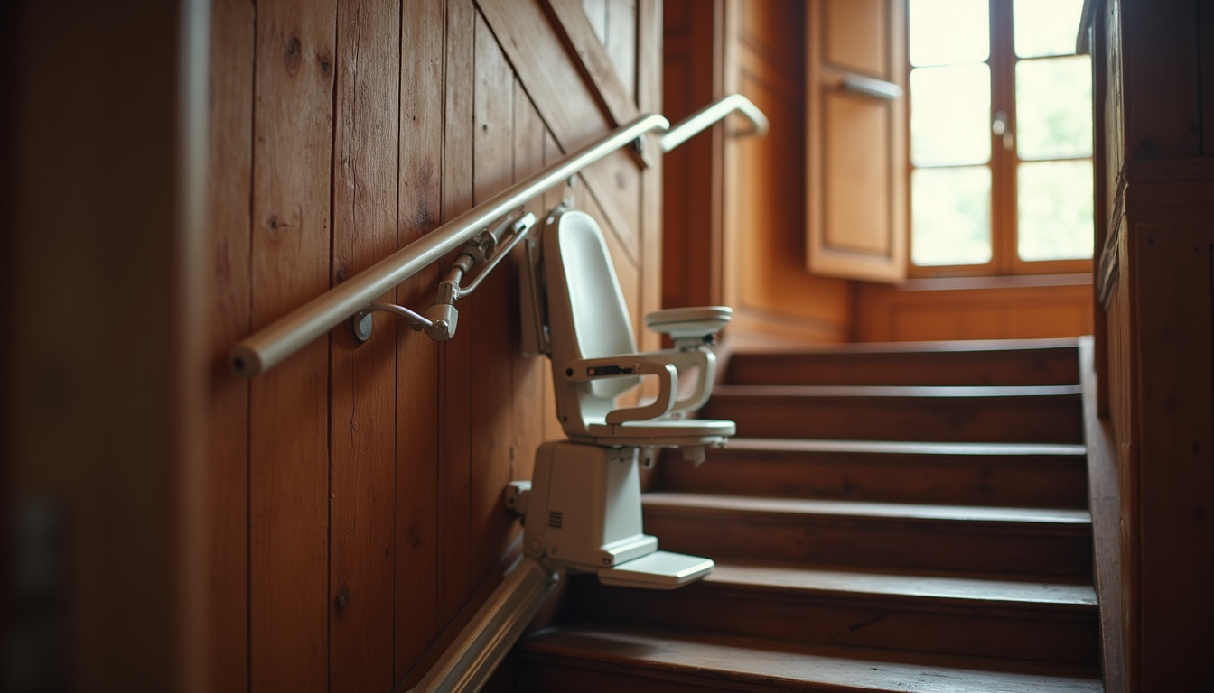 Monte-escalier intérieur installé dans une maison à Épernon, escalier en bois ancien avec rail discret