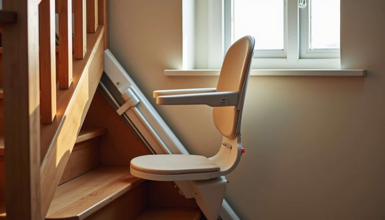 Monte-escalier intérieur installé dans une maison à Ver-sur-Mer, vue d'ensemble de l'escalier équipé