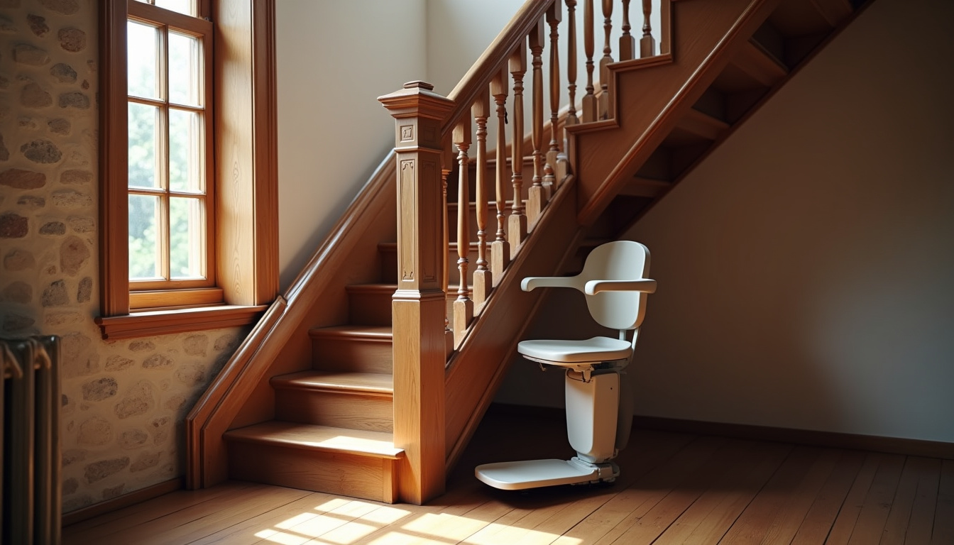 Monte-escalier intérieur modèle droit sur escalier rectiligne dans une maison ancienne à Éperlecques