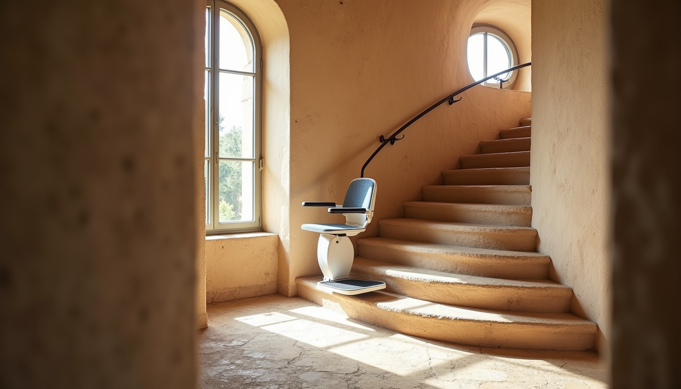 Monte-escalier intérieur sur mesure adapté à un escalier tournant dans une maison ancienne de Suze-la-Rousse