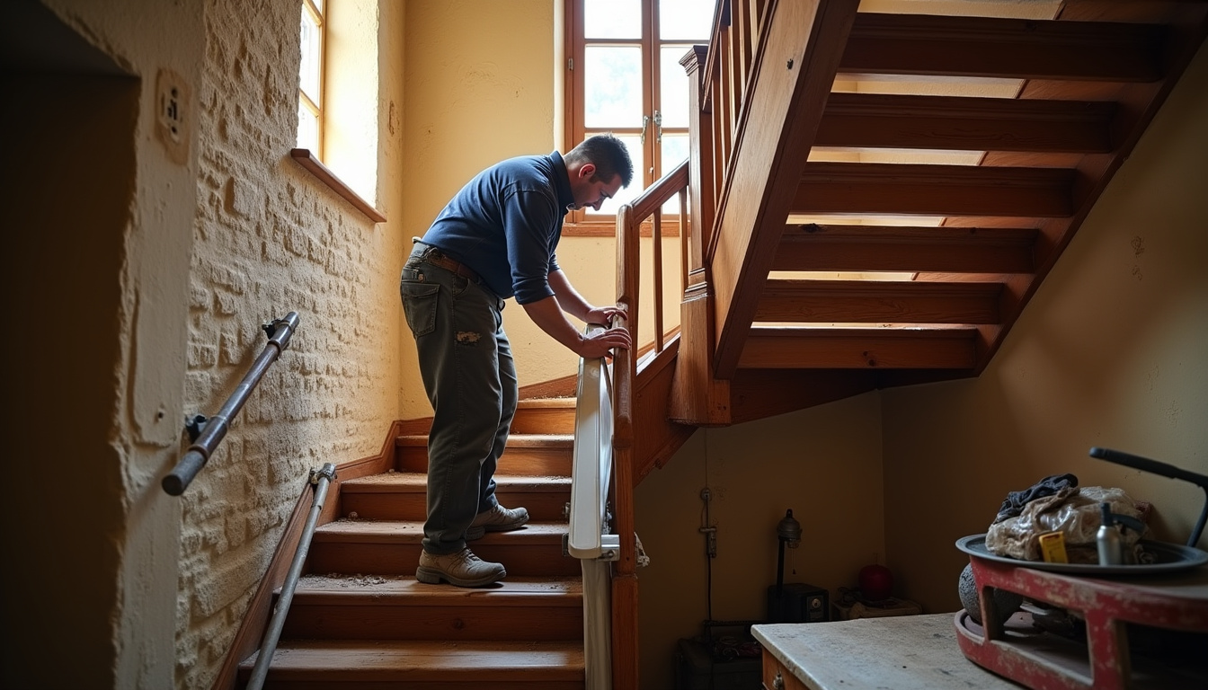 Monte-escalier reconditionné en cours d’installation dans une maison ancienne de Vendée