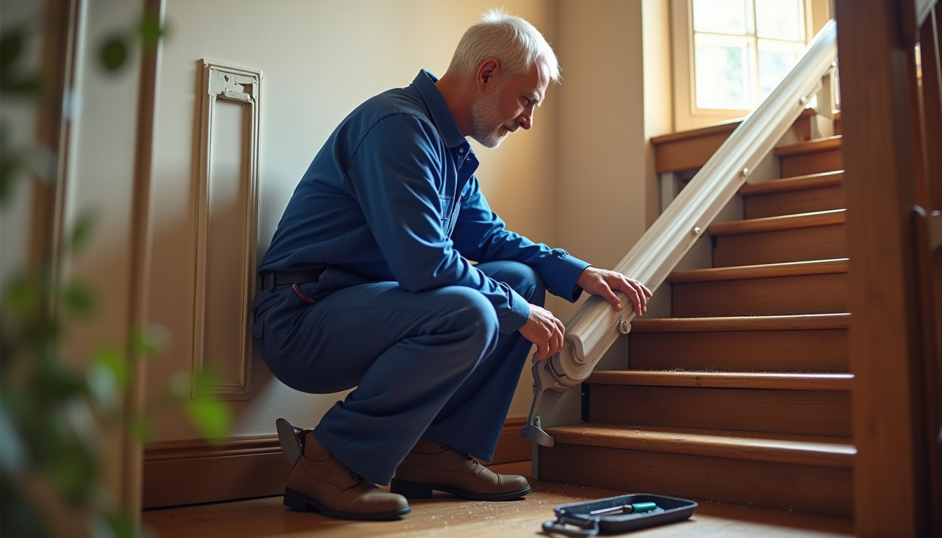 Monte-escalier reconditionné installé dans une maison de Saint-Palais, avec un professionnel en train de vérifier le fonctionnement