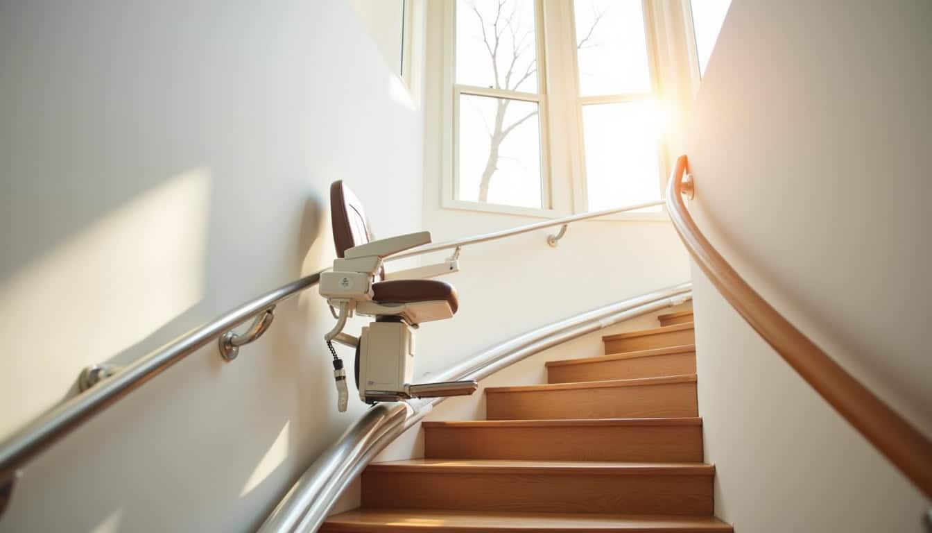 Monte-escalier tournant avec siège ergonomique installé dans une maison à Vergigny
