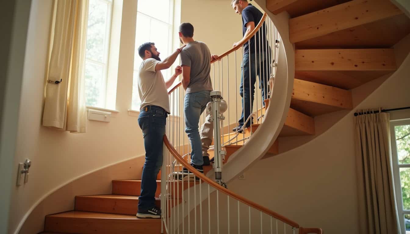 Monte-escalier tournant en cours d’installation dans une maison avec escalier en colimaçon à Montceaux